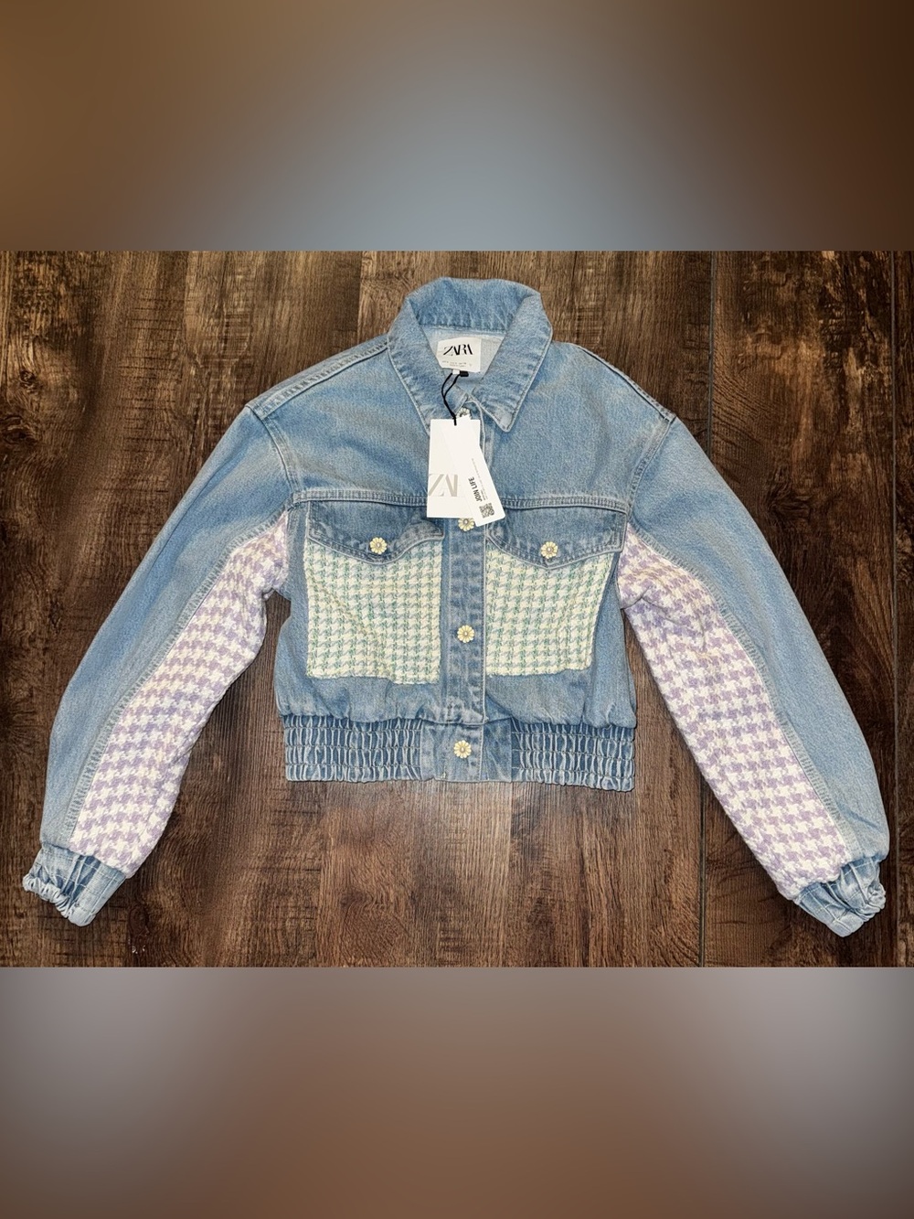 ZARA Light Blue Denim Jacket with Lavender Houndstooth Sleeves NWT
